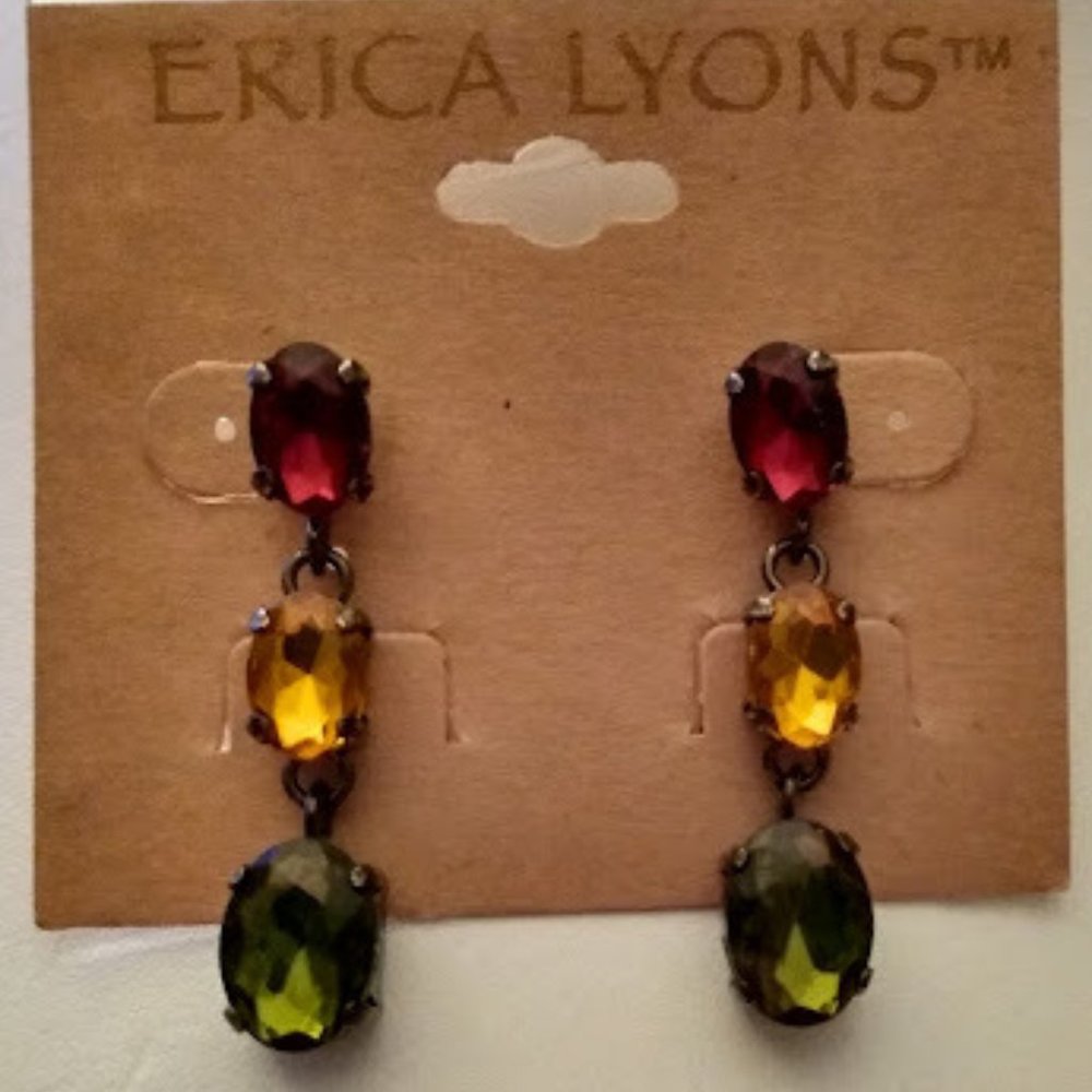ERICA LYONS Gunmetal Citrine Yellow/Olive Green/Ruby Red Crystal Drop Earrings - Picture 2 of 5